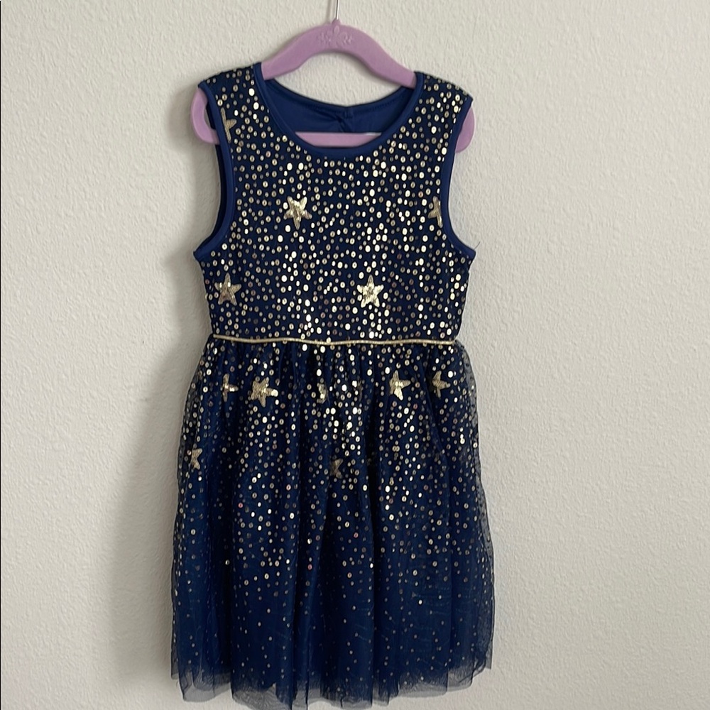 Girls Navy Blue Dress with Gold Star Accents